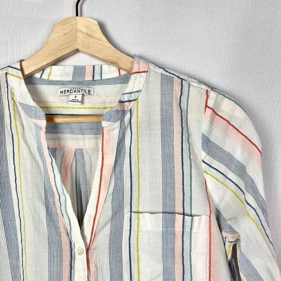 J. Crew Mercantile Tie Sleeve Striped Collarless Button Down Long Sleeve S - Picture 3 of 5